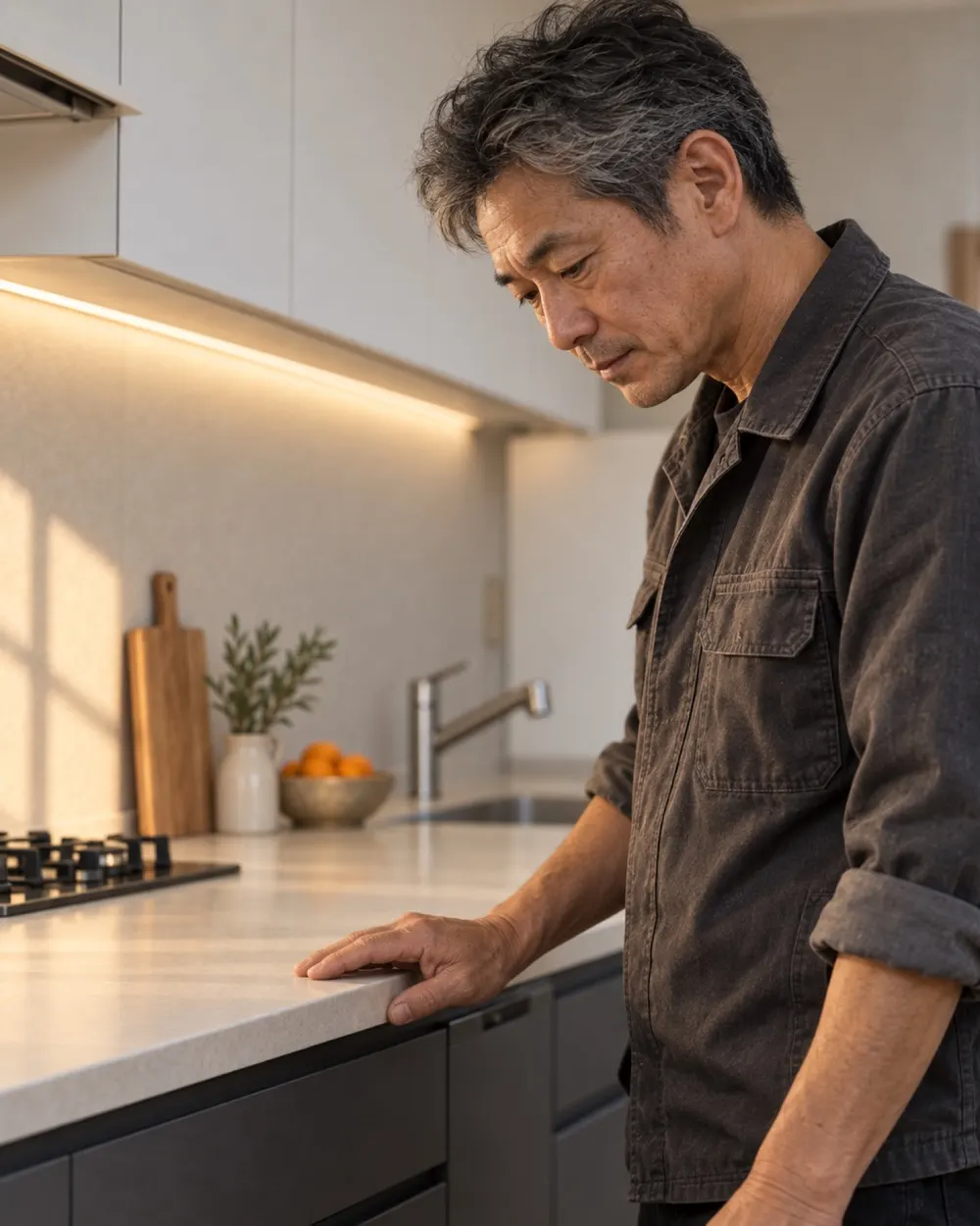 引き渡しの前に、新しい天板の端を手で確かめる職人（生成したイメージ・見本）