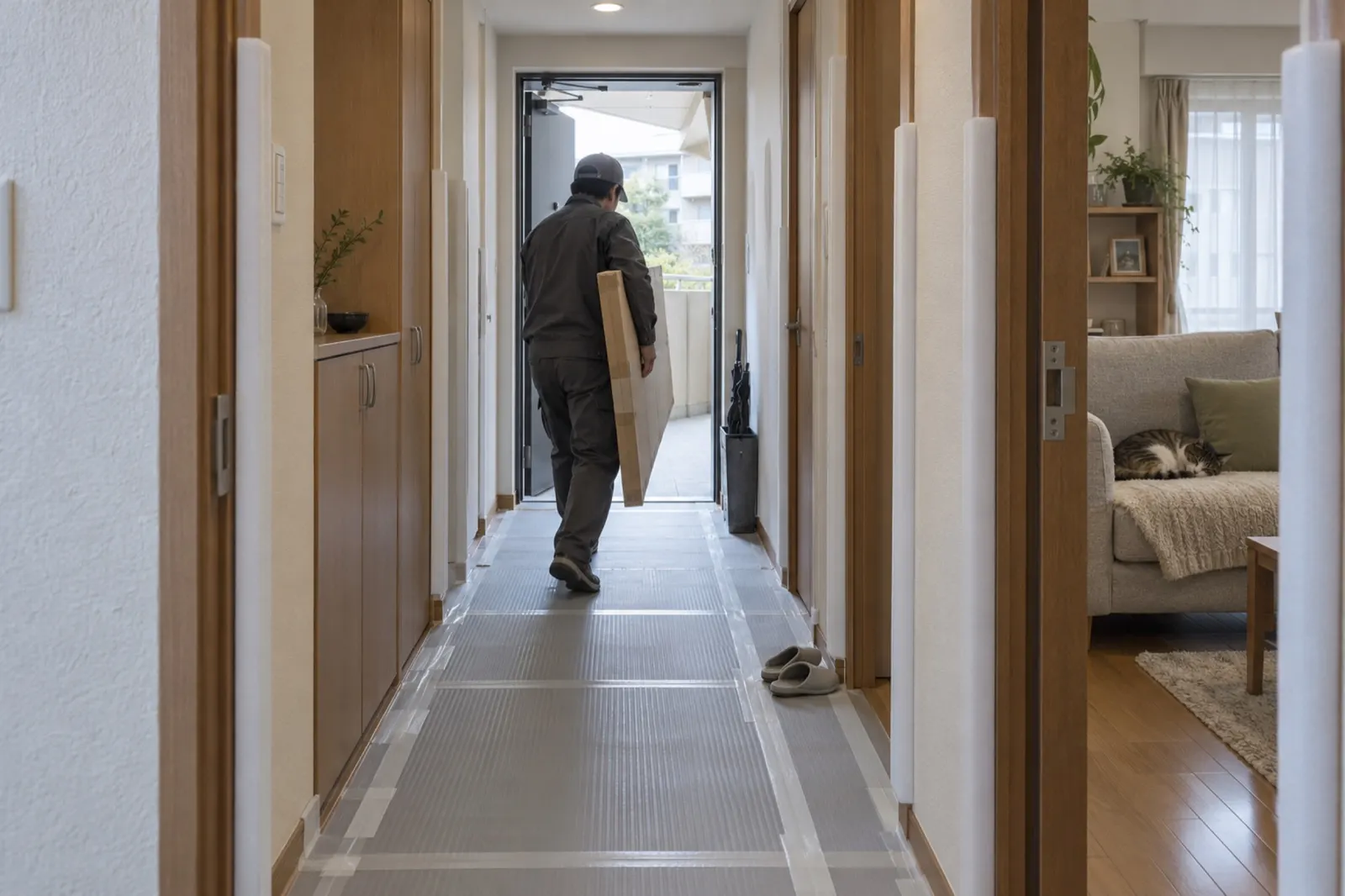 床と角を保護した廊下を、部材を運ぶ職人。奥の居間はいつもどおり（生成したイメージ・見本）